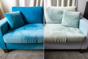 Sofa Vor und nach chemische Reinigung im Zimmer generativ ai foto