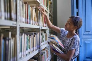jung Frau Überprüfung das Bücher beim das Bücherregale beim National Bibliothek, Maputo, mosambik foto