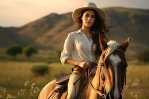 Mädchen tragen Cowboy Hut genießen zu Pferd Reiten im das Landschaft foto