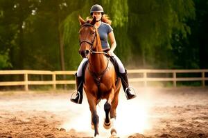 Mädchen tragen Helm genießen zu Pferd Reiten foto