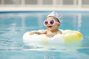 süß komisch Kleinkind Mädchen im Sonnenbrille entspannend auf aufblasbar Spielzeug Ring schwebend im Schwimmen Schwimmbad foto