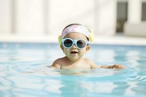 süß komisch Kleinkind Mädchen im Sonnenbrille entspannend und schwebend im Schwimmen Schwimmbad foto