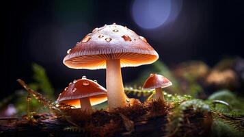 Makro Foto von schön Pilz im regnerisch Wald ai generativ