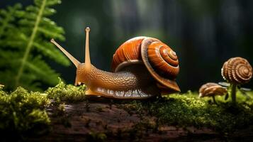 Makro Foto von Schnecke auf moosig Holz im regnerisch Wald ai generativ