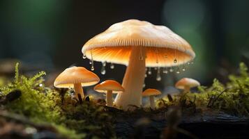 Makro Foto von schön Pilz im regnerisch Wald ai generativ
