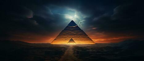 Foto Landschaft von Pyramide beim Sonnenuntergang ai generativ