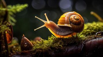 Makro Foto von Schnecke auf moosig Holz im regnerisch Wald ai generativ