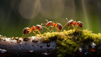 Makro Foto von Ameisen auf moosig Holz im regnerisch Wald ai generativ