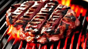 gegrillt Rindfleisch Steak auf Grill Grill mit Flammen . generativ ai. foto