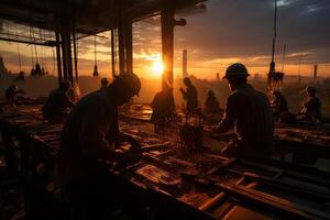 hinter das Sonnenuntergang Gruppe von Menschen sind Arbeiten beim ein Tisch, generativ ai foto