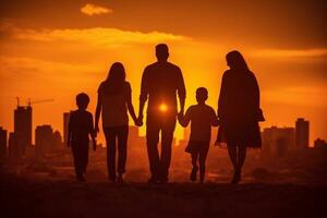 Silhouette von ein glücklich Familie mit Kinder auf Natur generativ ai foto