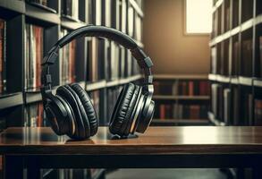 Kopfhörer Bibliothek Audio- Bücher. generieren ai foto