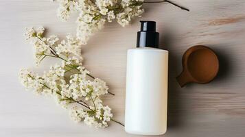 Haut Pflege Produkt Flasche, Shampoo, Lotion, mit neural Hintergrund ai generativ foto