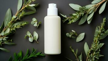 Haut Pflege Produkt Flasche, Shampoo, Lotion, mit neural Hintergrund ai generativ foto