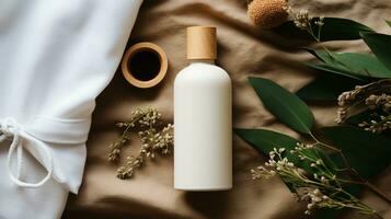 Haut Pflege Produkt Flasche, Shampoo, Lotion, mit neural Hintergrund ai generativ foto