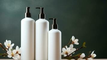 Haut Pflege Produkt Flasche, Lotion ,Shampoo, Gesichtswäsche mit Blumen- Hintergrund ai generativ foto