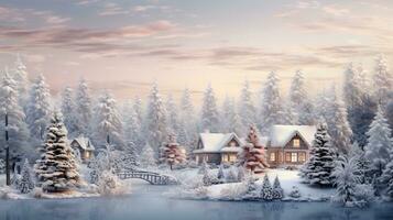 ein schön draussen Weihnachten Szene Illustration von ein Weihnachten Haus mit Schnee Winter Landschaft im ein Dorf ai generativ foto