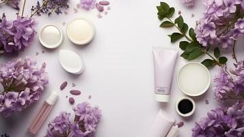 Haut Pflege bilden Produkt Flasche, Lotion ,Shampoo, Gesichtswäsche mit Marmor Hintergrund ai generativ foto