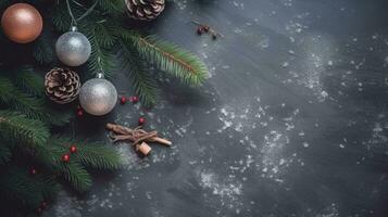 Weihnachten Ornamente mit Geschenk Kisten , Tanne und Kopieren Raum ai generativ foto