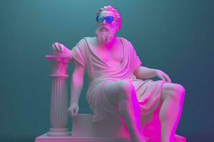 ein Weiß Statue von Plato im ein cool Pose, tragen Magenta und cyan 3d Gläser, bereit zu Party. ai generativ foto