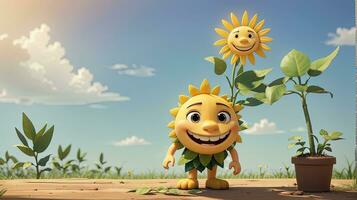 3d Illustration von karikaturistisch lächelnd glücklich Sonnenblumen. ai generiert. foto