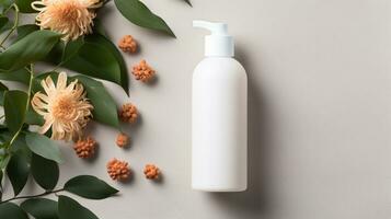 Haut Pflege Produkt Flasche, Shampoo, Lotion, mit neural Hintergrund ai generativ foto