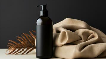 schwarz Haut Pflege Flasche Produkt und Blume auf neutral Hintergrund ai generativ foto