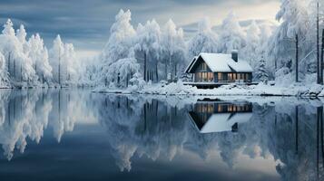 klein Haus bedeckt mit Schnee Winter Jahreszeit ai generativ foto