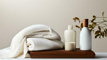 Handtücher mit Shampoo, Conditioner, Dusche Milch und handgemacht Seife auf neutral Hintergrund. Spa Konzept ai generativ foto