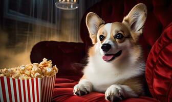 bezaubernd Corgi genießt Popcorn auf ein gemütlich Couch, bereit zum Fernseher Zeit. ai generativ foto