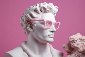 das Kopf von ein Weiß mythologisch Statue mit modisch Rosa Brille auf seine Augen, Rahmen im Profil. ai generativ foto