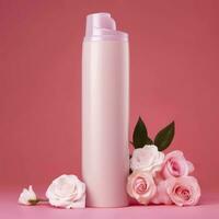 Amazonas Produkt Bild Körper waschen, Zylinder Flasche solide Farbe Rosa Hintergrund, mit Rosen, ai generativ foto