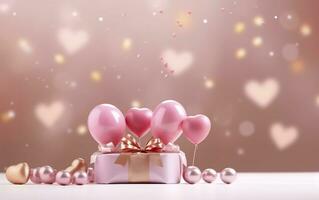glücklich Valentinsgrüße Tag Banner. Rosa und Gold Herzen vereiteln Luftballons mit Geschenke auf Rosa Bokeh. Valentinstag Tag Hintergrund. romantisch Banner Hintergrund, leeren Raum zum Text, ai generativ foto