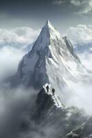 Mann auf oben von Berg, Gehen durch Wolken, ai generativ foto