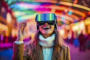 Porträt von ein lächelnd Frau im beiläufig Kleider tragen virtuell Wirklichkeit Gläser, und spielen, Neo Licht, verschwommen Neo Farbe Hintergrund, ai generativ foto