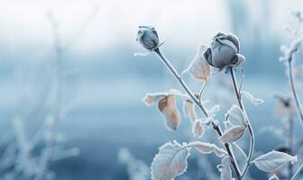 gefroren Weiß Rosen im ein eisig Feld. erstellt mit ai foto