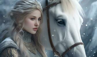 Frau im Weiß Umarmen ein majestätisch Pferd. erstellt mit ai foto