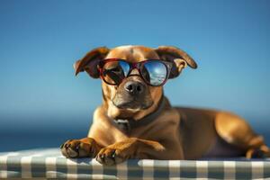 Hund Hündchen tragen Sonnenbrille, Lügen auf ein Sonnenbank zu Sonnenbad beim das Strand Meer auf Sommer- Urlaub, Feiertage. komisch Konzept. ai generativ foto