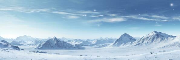 riesig verlassen Schnee Land, groß Berge im das Hintergrund, Schneefall mit Licht Blau Himmel und Licht Blau Farben, friedlich Atmosphäre, ai generativ foto