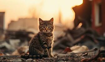 einsam Katze Stehen gegen ein Hintergrund von Ruinen und Zerstörung. erstellt ai Werkzeuge foto