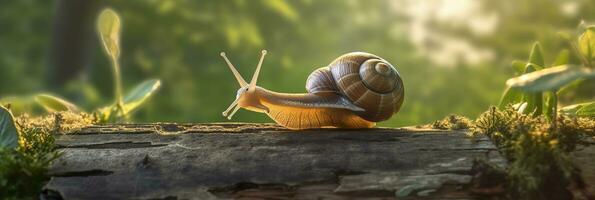 ein Reise durch das Wald. Nahansicht von ein Schnecke im das Wald mit natürlich Hintergrund. ai generativ foto