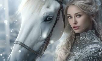 Frau im Weiß Umarmen ein majestätisch Pferd. erstellt mit ai foto