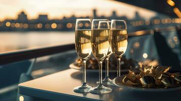 Luxus Abend Party auf ein Kreuzfahrt Yacht mit ein Champagner Einstellung. Champagner Brille und Flaschen mit Champagner mit Bokeh Yacht im das Hintergrund, niemand. ai generativ foto