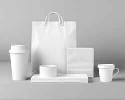 leer Tasche, Kaffee Becher, und Tasse auf ein Licht Hintergrund. generativ ai foto