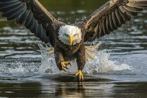 Angeln kahl Adler, ein kahl Adler gegenüber Kamera fängt ein Fisch aus von das Wasser, im das Stil von National geografisch Wettbewerb Gewinner, Super Tele schließen hoch. ai generativ foto