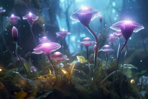 ein Biolumineszenz Außerirdischer Kristall Wald mit Blumen, Biolumineszenz fleischfressend Pflanzen, ai generativ foto