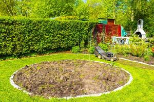 Garten mit runden Betten Boden jung Sprossen Pflanzen im Deutschland. foto