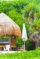 Palapa mit Stroh gedeckt Dächer Palmen Sonnenschirme Sonne Liegen Strand Resort Mexiko. foto