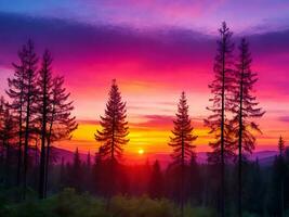 schön golden Sonnenuntergang im das Berge Panorama See Landschaft mit Blau Himmel flauschige Wolken, ai Bild foto