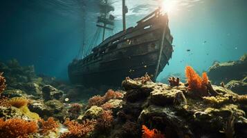 unheimlich Schiffswrack ruhen auf das Ozean Boden, umgeben durch Marine Leben foto